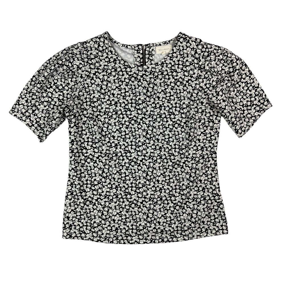 Melloday Black Ditsy Floral Blouse Top w Pleated Sleeve Size S Office Church